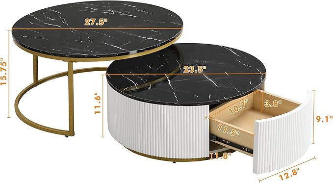 27.6" Modern Round Nesting Coffee Table Fluted with Drawer for Living Room in Black & Gold