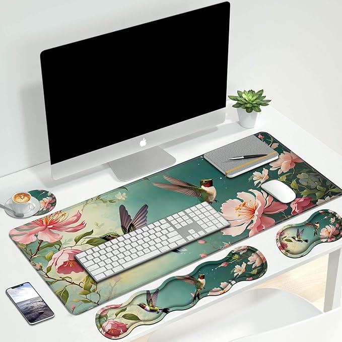 4 in 1 Ergonomic Keyboard Wrist Rest & Mouse Pad Wrist Rest Set, Large XXL Gaming Desk Mat 31.5"x 11.8" with Non-Slip Base, Memory Foam for Home Office Study Gaming, Hummingbird Flowers