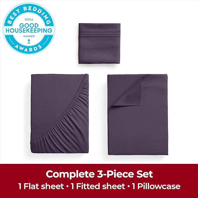 Mellanni Twin XL Sheets Set - 3 PC Iconic Collection Bedding - Hotel Luxury, Extra Soft, Cooling Bed Sheets - Wrinkle, Fade, Stain Resistant (Twin Extra Long, Purple)
