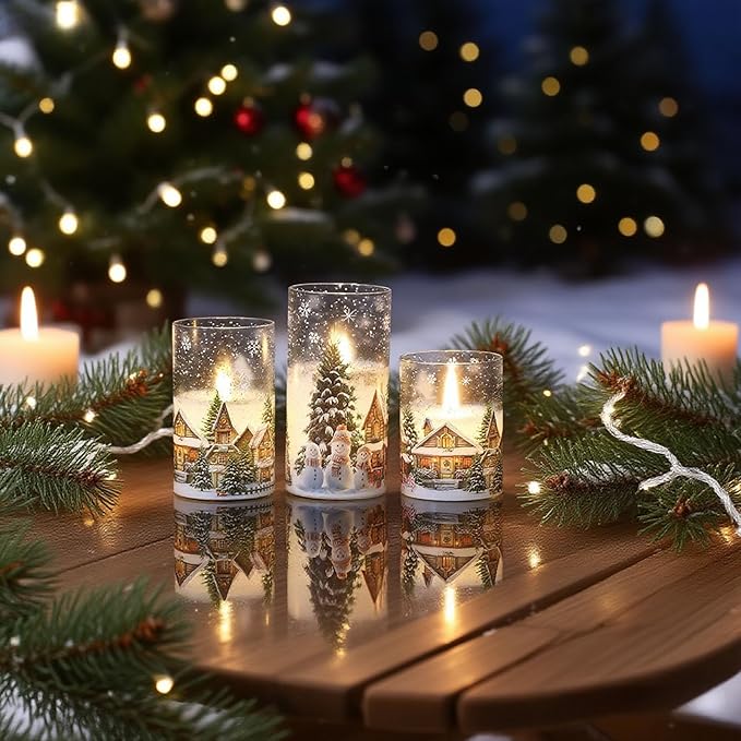 DRomance Snowman House Glass Flameless Candles Battery Operated with Remote and Timer Real Wax LED Flickering Pillar Candles Cold White Light Window Christmas Holiday Decor 3" D x 4", 5", 6" H