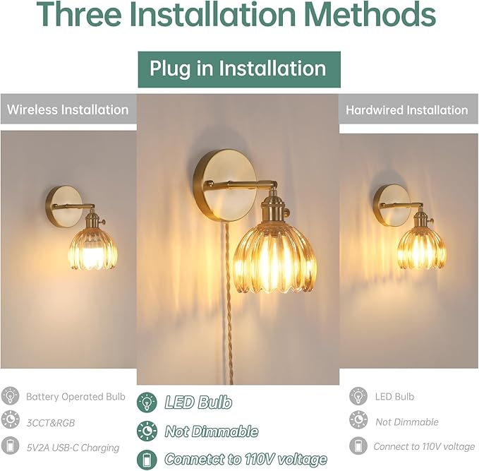 Plug in Wall Sconce,Cute Amber Tulip Glass Lampshade Wall Light Plugin Corded for Bedside Bedroom Doorway