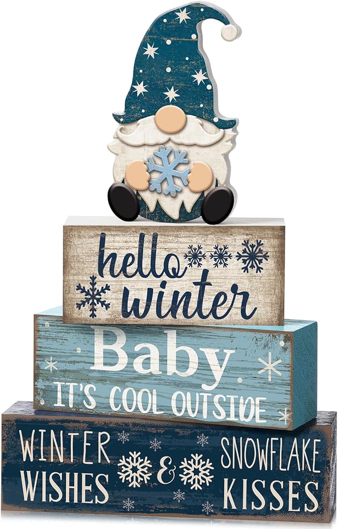 4 Pcs Wooden Winter Table Decorations Christmas Tiered Tray Decor Winter Gnome Decor Christmas Centerpiece for Tables Wooden Decorative Gnome Signs Gifts for Kitchen Office Home