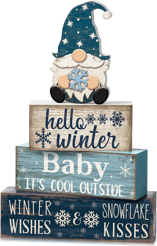 4 Pcs Wooden Winter Table Decorations Christmas Tiered Tray Decor Winter Gnome Decor Christmas Centerpiece for Tables Wooden Decorative Gnome Signs Gifts for Kitchen Office Home