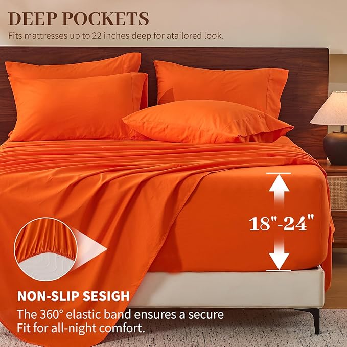 MEISHANG 100% French Pure Linen Sheets King Size - Extra Deep Pocket Sheet Set, Soft Durable Flax Linen, Anti-Tear Breathable & Oeko-Tex Certified 18-24 Deep Pocket,All Season(Orange)
