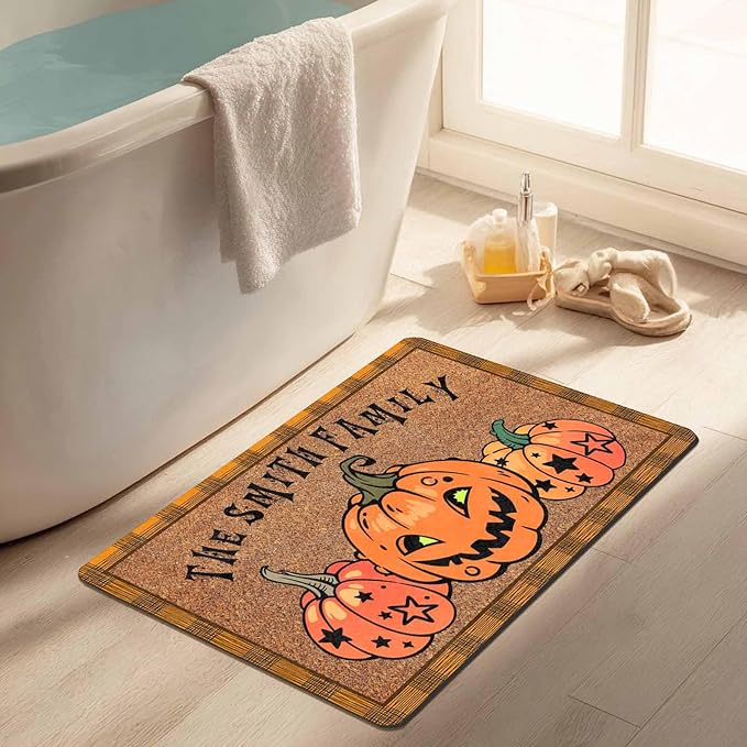 InterestPrint Personalized Halloween Family Doormat with Name Pumpkin Pattern Custom Family Member Welcome Mat, Customized Halloween Door Mat with Name, Dog, Cat, Ghost Family Welcome Doormat