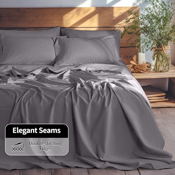 LBRO2M 100% Linen Sheet Set Queen Size, Bed Sheets 6 Piece Sets,Solid Color Natural Flax Bed Sheets Soft Breathable Bedding,16" Deep Pocket,All Season (Queen, Dark Grey)