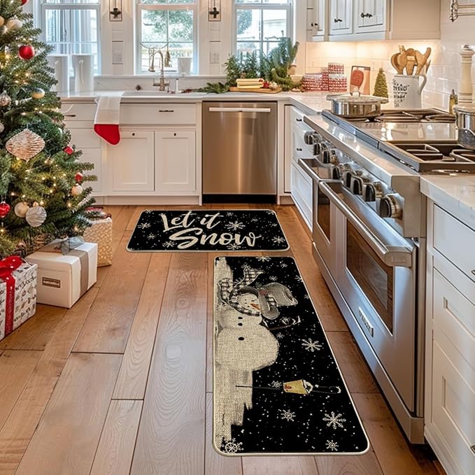 Artoid Mode Let It Snow Snowflake Snowman Light Christmas Decorative Kitchen Mats Set of 2, Home Party Low-Profile Kitchen Rugs - 17x29 and 17x47 Inch