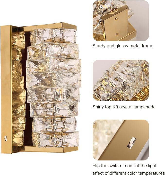 HuisMier Gold Crystal Wall Sconce, Modern Dimmable LED Sconces Wall Lighting, Luxury Vanity Light Fixture Bathroom Wall Sconces for Living Room Bedside Hallway Stairway