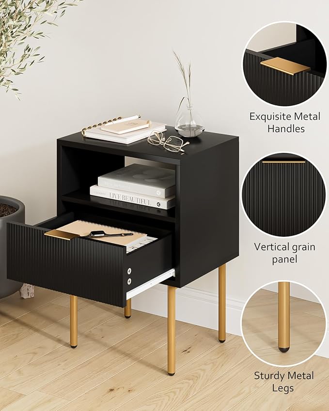 Masupu Nightstand,Mid-Century Modern Bedside Table with Storage Drawer and Open Wood Shelf,Small Gold Frame Side Table for Bedroom,Living Room,Black