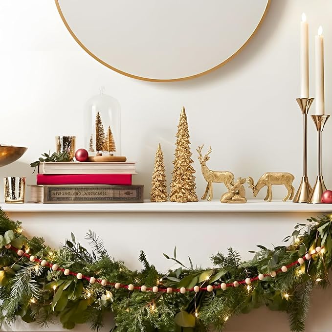 DN DECONATION Christmas Reindeer and Tree Decor – Set of 5 Gold Xmas Reindeer with Christmas Tree Statues – Vintage Resin Woodland Forest Animals Deers for Table Mantle, Indoor Winter Decor