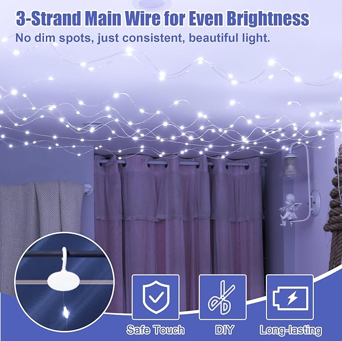 600LED White Curtain Lights for Bedroom, 19.6ft x 9.8ft Fairy Curtain String Light with 24 Hooks, 8 Modes Hanging Lights for Wedding, Party, Backdrop, Window, Xmas Decor