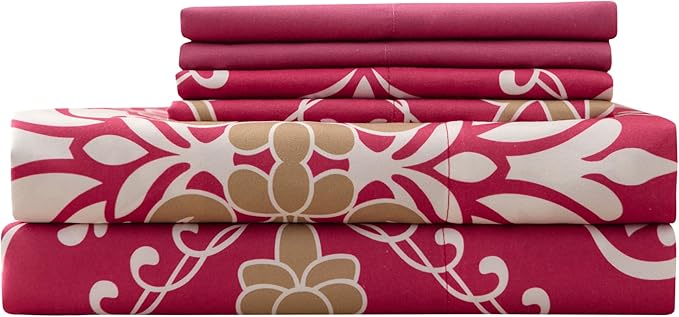 King Size Bed Sheets Set Deep Pockets - 6PC Floral Ultra Soft Microfiber Bed Sheets - Easy to Clean, 90 Thread Count Sheets with Fitted Sheet, Flat Sheet & Pillowcases (Burgundy Damask)