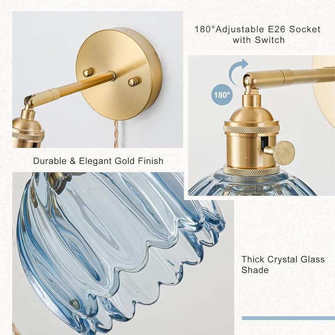 Plug in Wall Sconce, Vintage Sconce Light with Tulip Denim Blue Glass Lampshade, 180° Adjustable Wall Sconce with Switch and Plug in Wall Lamp Cord, Gold Wall Light for Bedroom Bedside