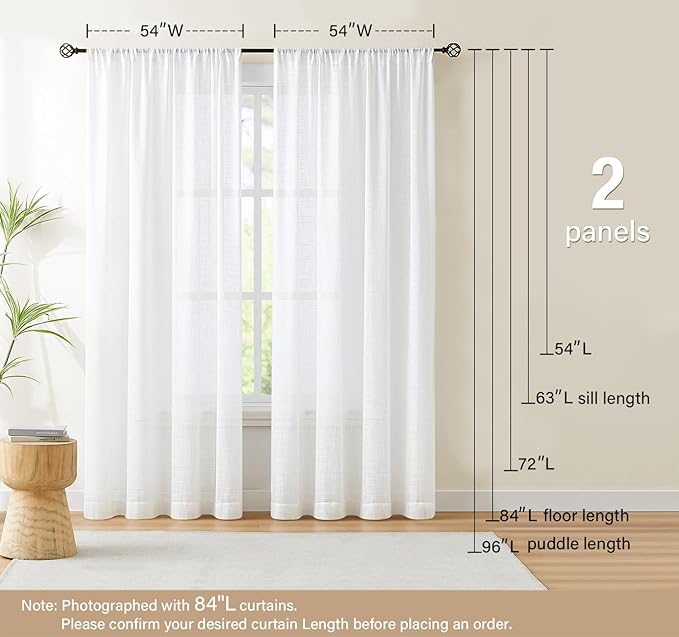 Treatmentex White Sheer Curtains for Living Room 84-inch Long Linen Textured Semi Sheer Curtains for Bedroom Light Filtering Privacy Window Curtain Set 54”w 2 Panels Rod Pocket