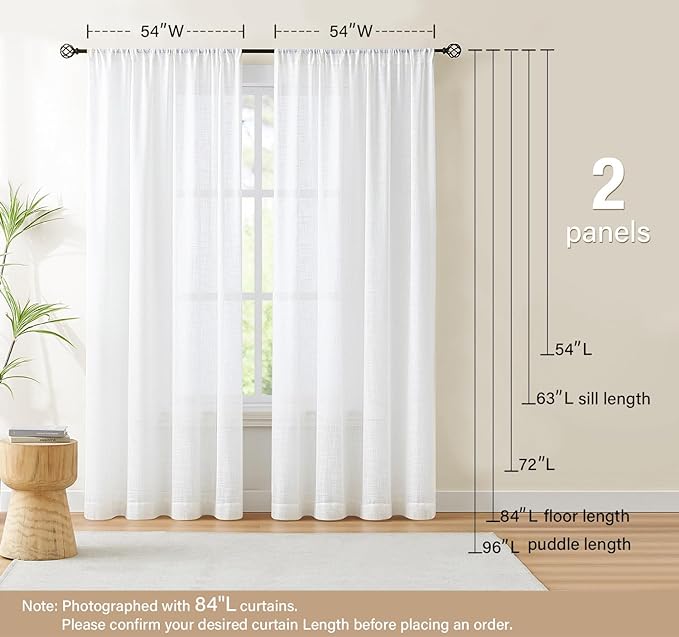 Treatmentex Semi-Sheer White Curtains for Living Room 54 inches Short Linen Textured Light Filtering Sheer Window Curtain Set for Bedroom Office Wrinkle Free Privacy 54”w 2 Panels Rod Pocket