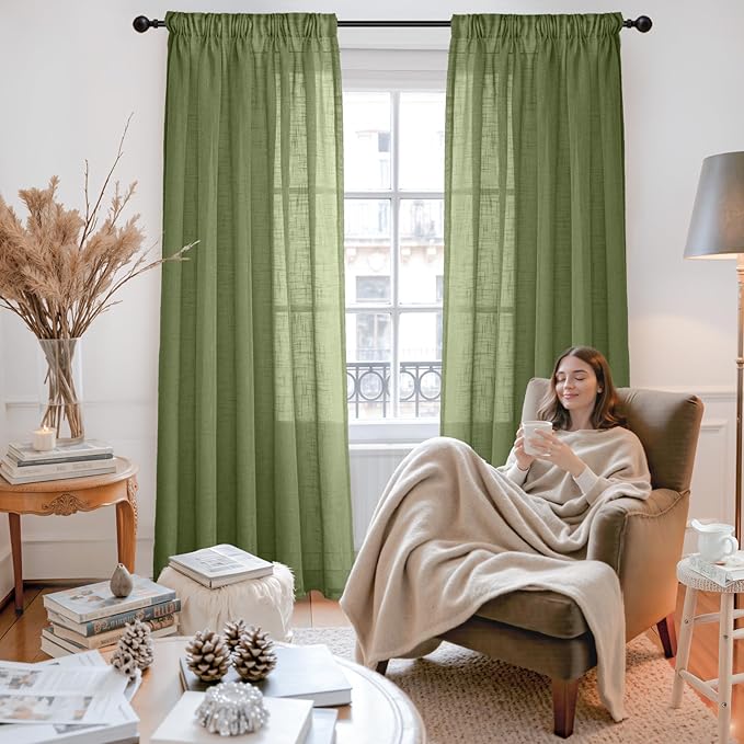 YoungsTex Olive Green Linen Curtains 72 Inch Length for Living Room 2 Panels, Semi Sheer Window Drapes Light Filtering Rustic Textured with Rod Pocket Back Tab for Bedroom, 52 X 72 Inch