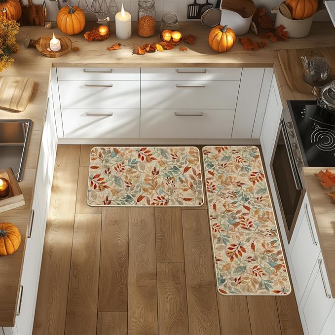 Artoid Mode Watercolor Leaves Eucalyptus Fall Kitchen Mats Set of 2, Home Decor Low-Profile Kitchen Rugs for Floor - 17x29 and 17x47 Inch