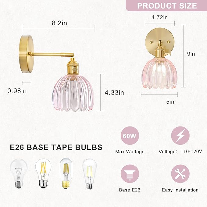 Hardwired Wall Sconce Light, Vintage Wall Sconce with Switch, Gold Wall Light Fixture with Tulip Pink Glass Lampshade, Indoor Wall Light for Bedroom Bathroom, Bedside Wall Lamp