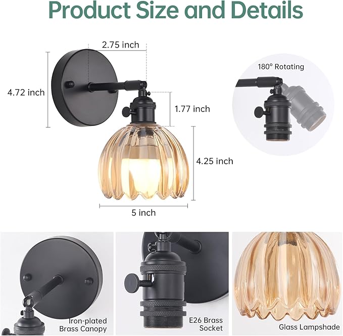 Vintage Battery Operated Wall Sconce with Cute Amber Tulip Glass Lampshade Wireless Rechargeable Battery Powered Black Wall Light with Remote Control for Bedside Bedroom Doorway