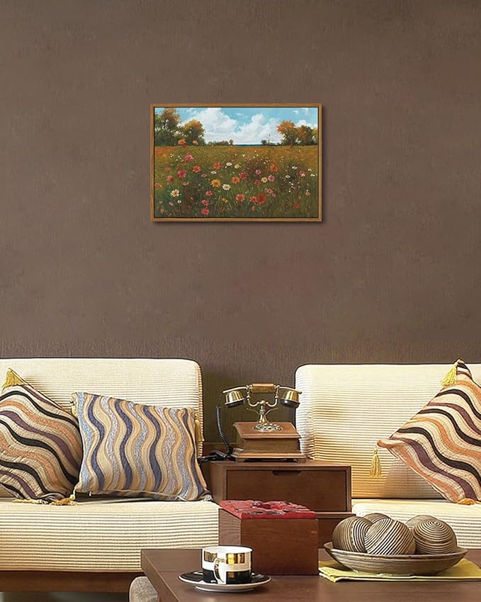 KISSFOX Vintage Landscape Framed Wall Art Autumn Farmhouse Wildflower Field Canvas Art Natural Fall Countryside Paintings Artwork Rustic Art Prints For Bedroom Bathroom Living Room