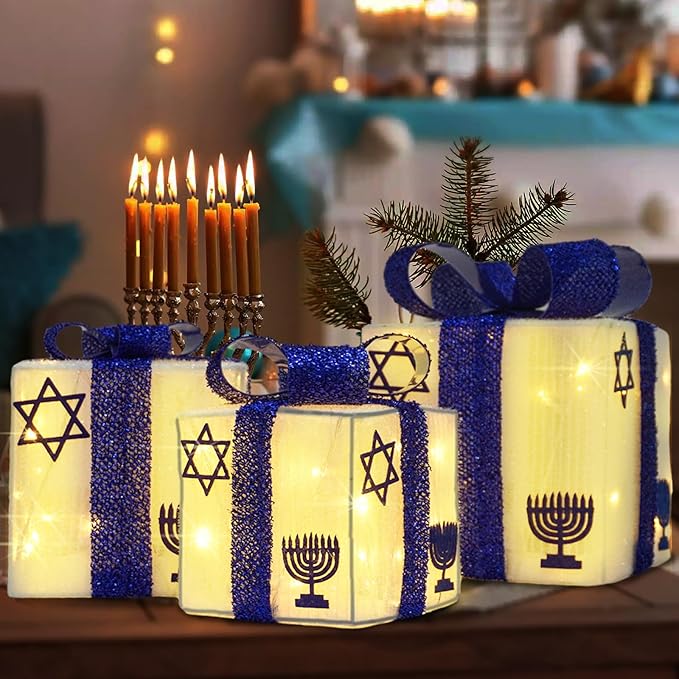 Krissing 3pcs Lighted Hanukkah Gift Boxes for Hanukkah Decorations, Christmas White and Blue Gift Boxes Decor for Chanukah Party Table Centerpieces Yard Jewish Christmas Tree Ornaments