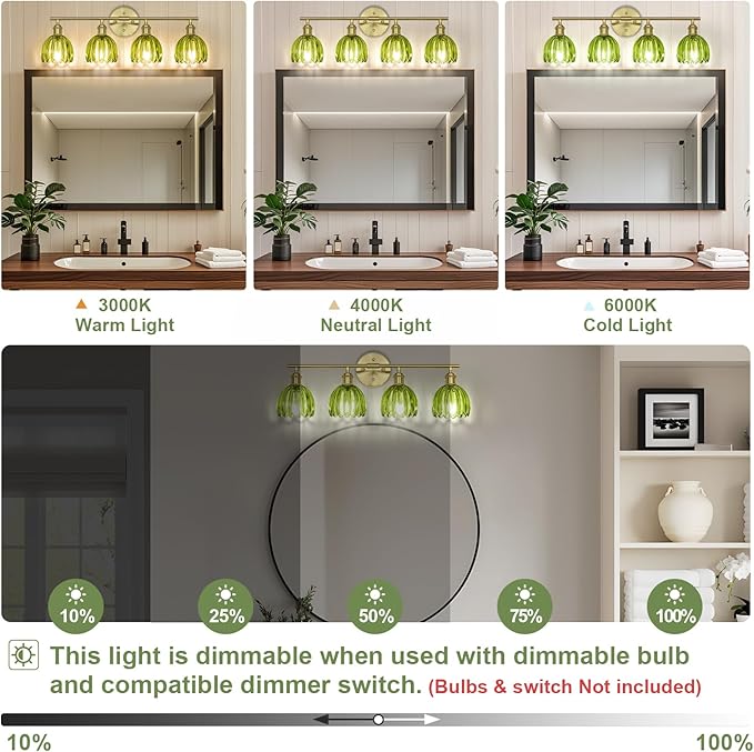 Vintage Bathroom Light Fixtures,4-Light Hardwired Vanity Lights Over Mirror,Gold Wall Sconces with Green Tulip Glass Shade for Bathroom Living Room,E26 Socket(Bulbs Not Included)