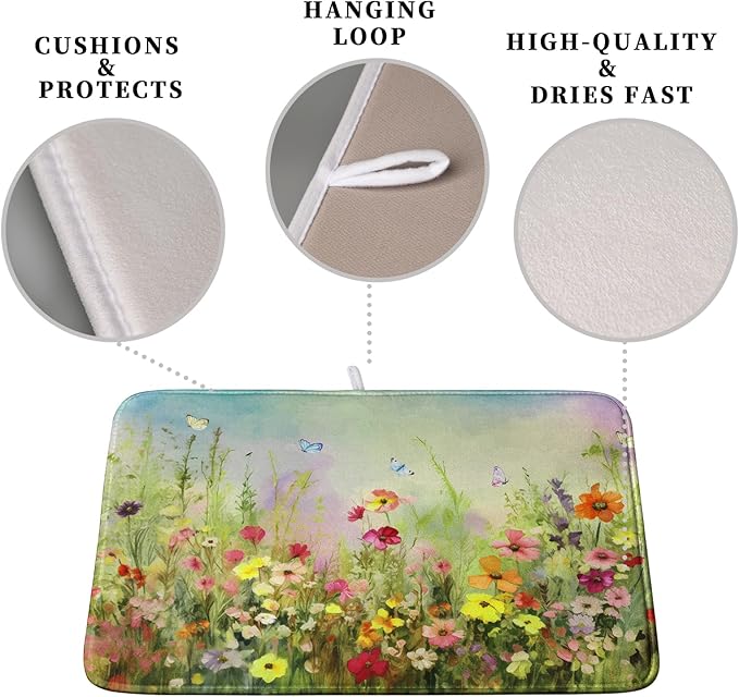 Spring Floral Dish Drying Mat for Kitchen Counter 18x24 Inch Sage Green Wild Flowers Drying Mats Spring Summer Plant Microfiber Absorbent Large Dish Rack Pad for Coffee Bar Sinks Home Accessories