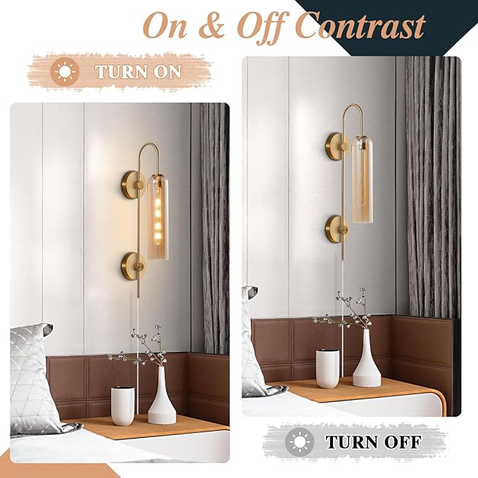 BOKT Modern 1-Light Amber Glass Wall Sconce Plug in Mid Century Brass Gold Wall Sconce Lighting Plug in Cord Industrial Vintage Indoor Long Bathroom Bar Wall Lamp (Amber)