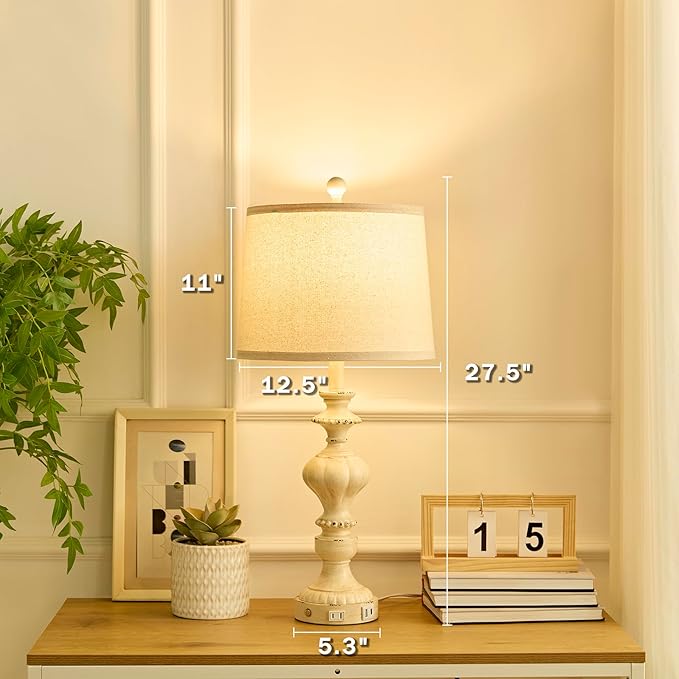 27.5" Farmhouse Table Lamps Set of 2 Bedside Nightstand Lamp with USB C+A Ports & AC Outlet, 3 Way Dimmable Touch Lamps for Bedroom Living Room Office Hallway Rustic Traditional Lamp