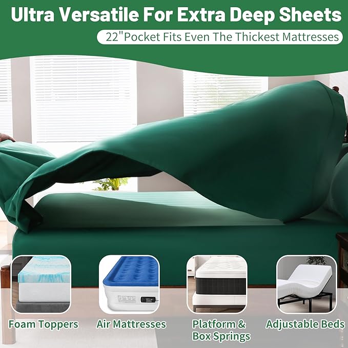 Extra Deep Pocket California King Sheets 18-24 Inch 100% Egyptian Cotton 1000 Thread Count Sateen Weave Soft Breathable 4 Pieces(California King,Dark Green)