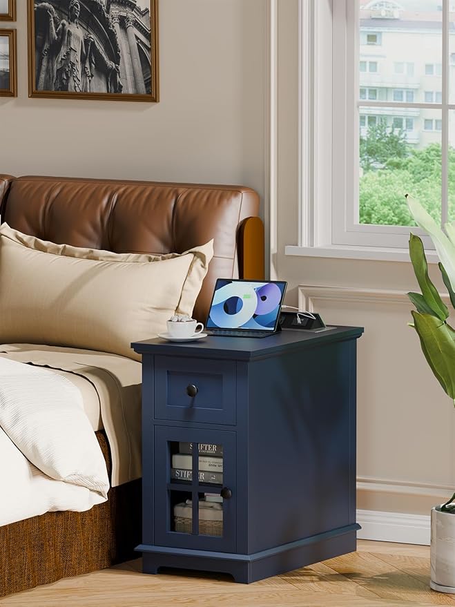 HIFYOBRO End Table with 1 Drawer, Storage Side Table with Flip Top Charging Station, Type-C & USB Port & Power outlets, Wooden Storage Cabinet for Bedroom/Living Room