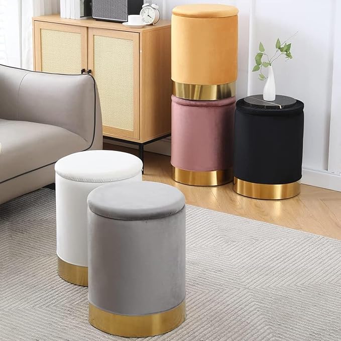 Mxfurhawa Velvet Storage Ottoman Multipurpose Footrest Stool with Metal Base Modern Round Vanity Stool Chair Ottoman Foot Stools Support 300 lbs Padded Seat for Living Room (Grey (Velvet))