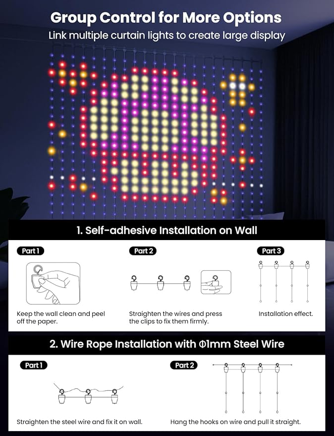 Smart LED Curtain Lights, RGB+IC Color Changing Holiday Wall Lights, 3.3x3.3ft 400 LEDs, Indoor Dynamic DIY String Lights, APP Remote Control, for Bedroom, Living Room, Window Decor, Party, Wedding