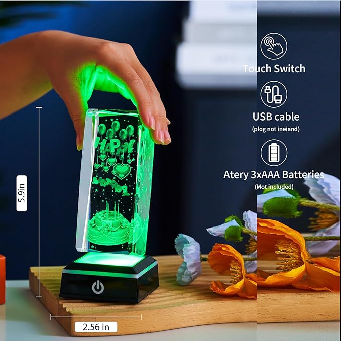 3D K9 Crystal Night Light with LED Light Base Gift for Women Men Girlfriend Christmas Valentines Anniversary Birthday Gifts (Happy Birthday)