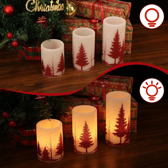 DRomance Christmas Tree Flameless Flickering Candles Battery Operated with 6H Timer, 3 Pack Real Wax Warm Light LED Pillar Candles Dinner Tabletop Holiday Centerpiece Decor 3" x 6"