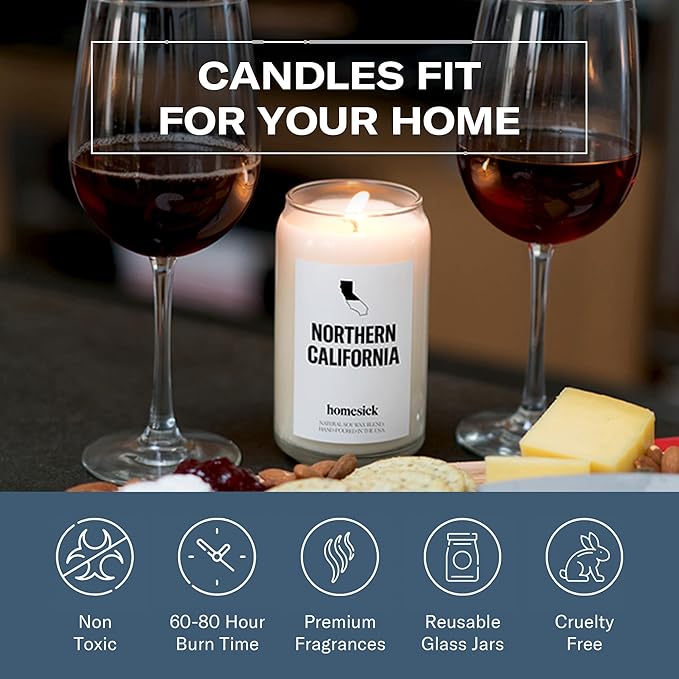 Homesick Scented Candles for Home (California Norcal) - 13.75 oz Long-Lasting Soy Wax Jar Candle for Women & Men for All Occasions, 60-80 Hours Burn Time - Notes of Pear, Vanilla & Amber