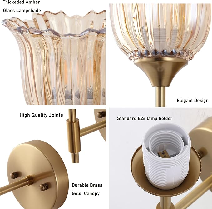 2-Lights Gold Wall Sconce with Amber Glass Shades Modern Mid Century Bathroom Vanity Wall Light Fixtures Industrial Brushed Brass Wall Lamp for Bedroom Mirror Living Room Restaurant
