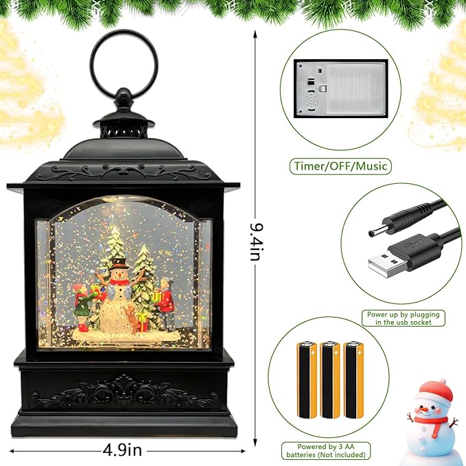 Christmas Snow Globes Lantern with Music & Timer - USB/Battery Operated LED Glittering Globe Lantern, Snow Globe Decoration for Home Holiday Decor (Snowman)