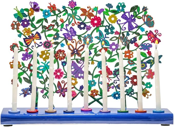 Yair Emanuel Menorah for Hanukkah | Colorful Hand Painted Design | Judaica Gift (Flowers & Butterflies (HAY-3))