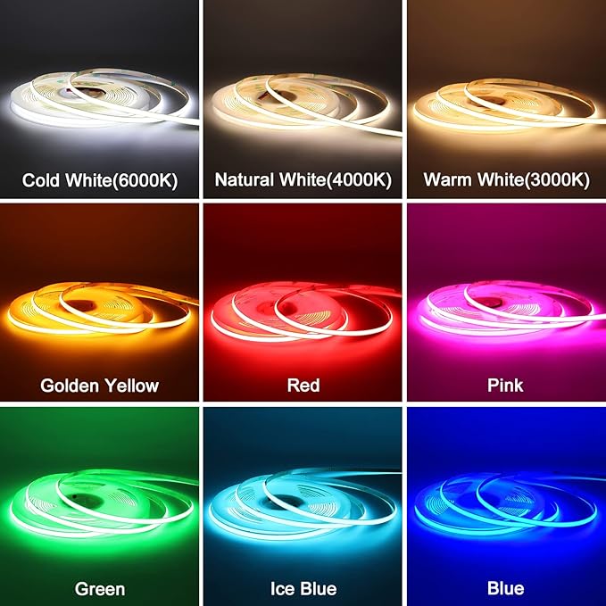 12V Green COB LED Strip Light 8mm Width, 480LEDs/m 16.4FT/5M CRI 90, High Bright Flexible Cuttable LED Tape for House Kitchen Room Ceiling Decor (DC12V, Without Power Supply)