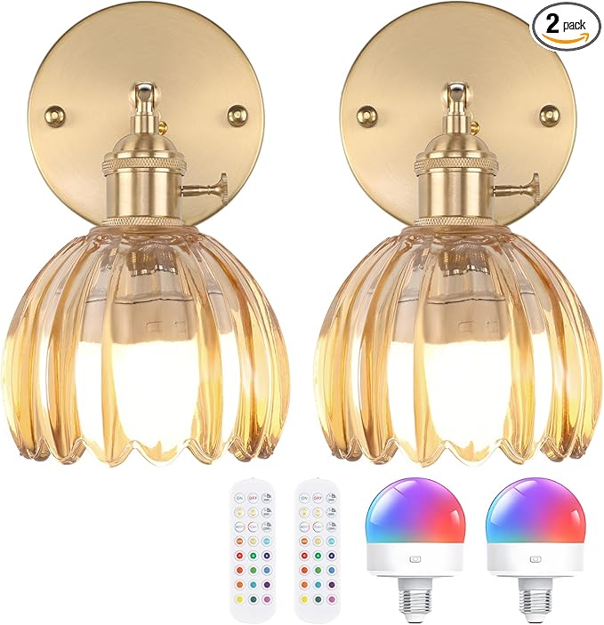 Vintage Battery Operated Wall Sconce with Cute Amber Tulip Glass Lampshade Wireless Rechargeable Battery Powered Wall Light with Remote Control for Bedside Bedroom Doorway, Set of 2