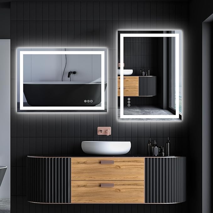 Amorho LED Mirror for Bathroom 28X36 Inch with Backlight and Front Light, Anti-Fog Mirror for Wall Mounted, Dimmable, 3 Colors, Memory