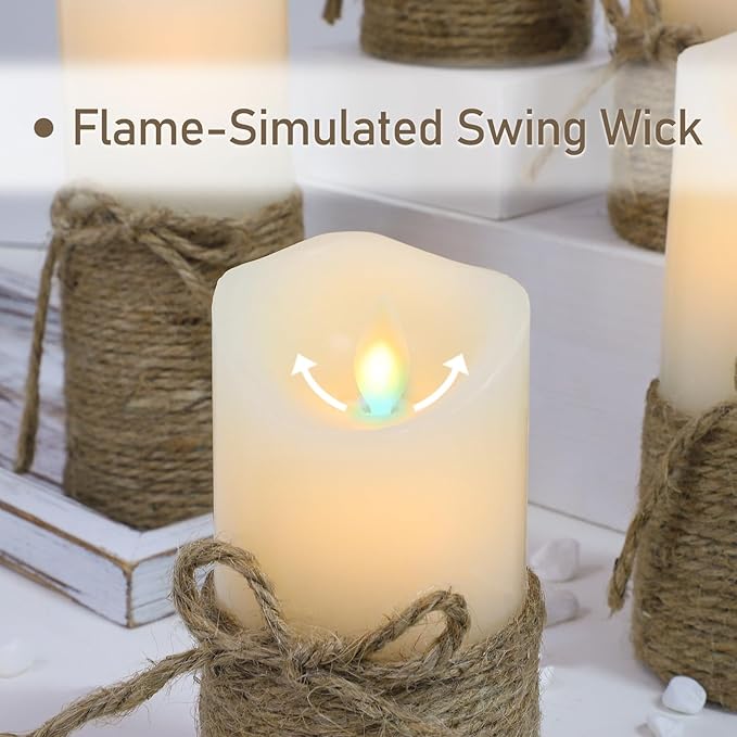 Crystal Club Flameless Candles Flickering with Timer, Set of 5 Battery Pillar Candles with Hemp Rope, Realistic Wax Candle Lights for Summer Party Home Table Décor