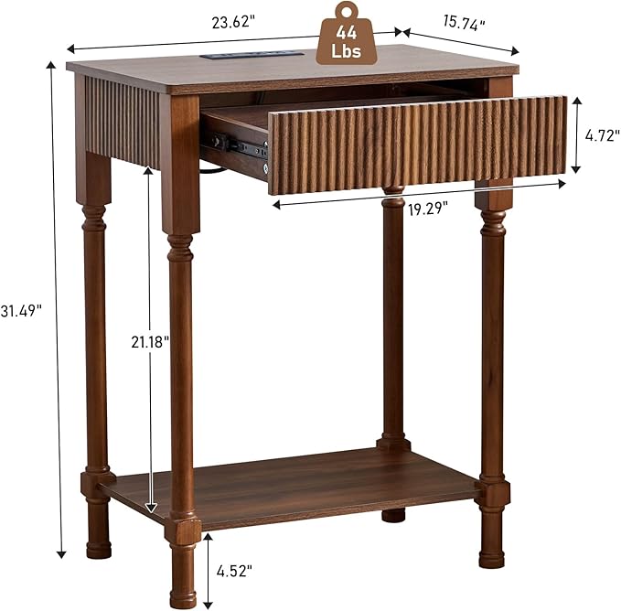 23.6” Large End Table with Charging Station, Set of 2, Modern Farmhouse Side Table Sofa Tables with Fluted Drawer, Wooden Bedside Table Night Stand for Bedroom Living Room Home Office, Walnut