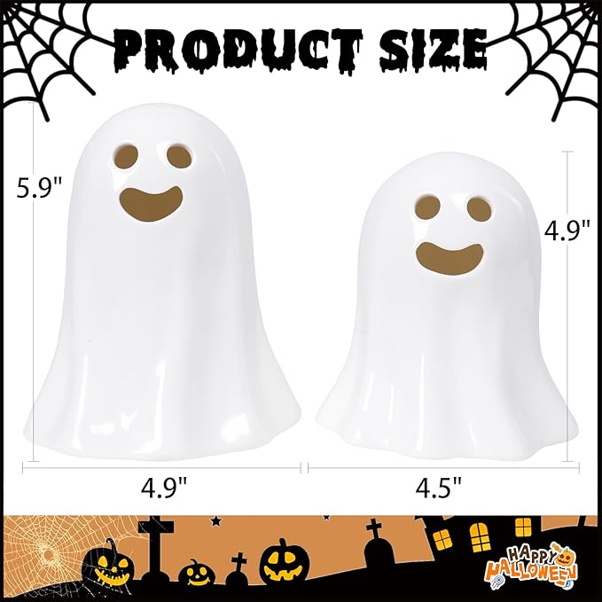 2 Pack Halloween Small Cute Ceramic Ghost Figurine Table Decor, 5.9" Ghost Figurines Decoration Family Statue Ghost Display Table Tray Fireplace Decorations, Halloween Tabletop Figurines Gift for Kids