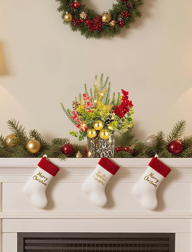 BLOSMON Christmas Centerpieces for Tables with Lights: Lighted Small Christmas Tree Fireplace Tabletop Decorations - Mini Xmas Tree for Indoor Home Office Dining Room