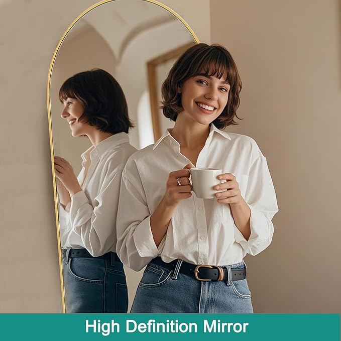 TinyTimes 76''x34'' Arched Floor Mirror, Full Length Body Mirror with Stand, Modern & Contemporary Design, Aluminum Alloy Frame (Gold)