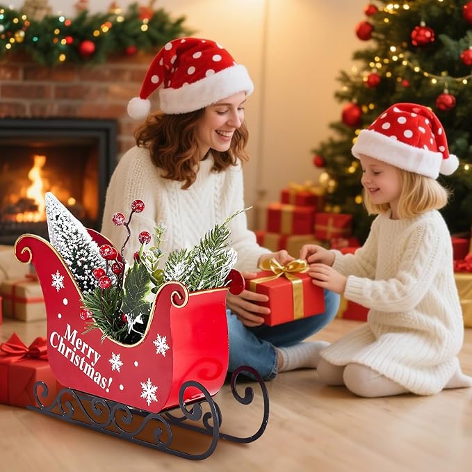 Christmas Table Decorations Christmas Sleigh Table Decor Christmas Table Decorations Small Santa Sleigh with Pine Twigs & Red Berries, Festive Holiday Centerpiece for Home Office Party Decor