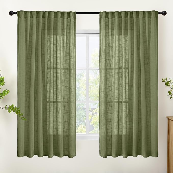 YoungsTex Olive Green Linen Curtains 63 Inch Length for Living Room 2 Panels, Semi Sheer Window Drapes Light Filtering Rustic Textured with Rod Pocket Back Tab for Bedroom, 52 X 63 Inch