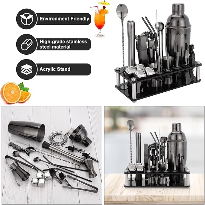 23 Piece Cocktail Shaker Set Bartender Kit with Acrylic Stand & Cocktail Recipes Booklet, Professional Bar Tools for Drink Mixing, Home, Bar, Party (Include 4 Whiskey Stones) - Black
